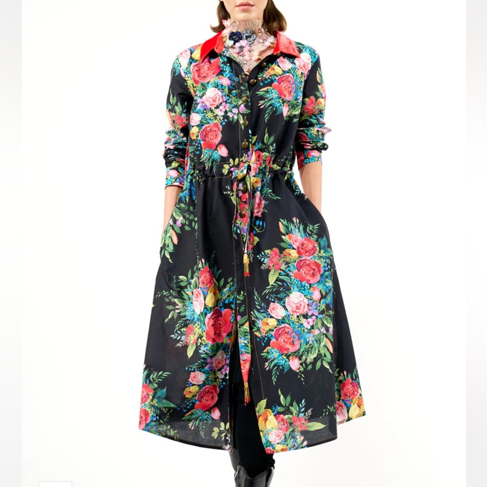 ARATTA Floral midi button up velvet collar dress
